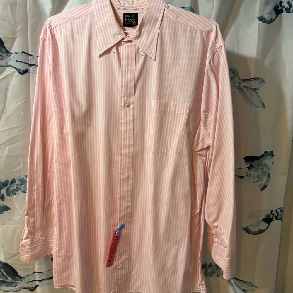Jos A Bank Dress Shirt Mens 17 - 33 Pink Stripe Longsleeve Button Up Cotton Prep